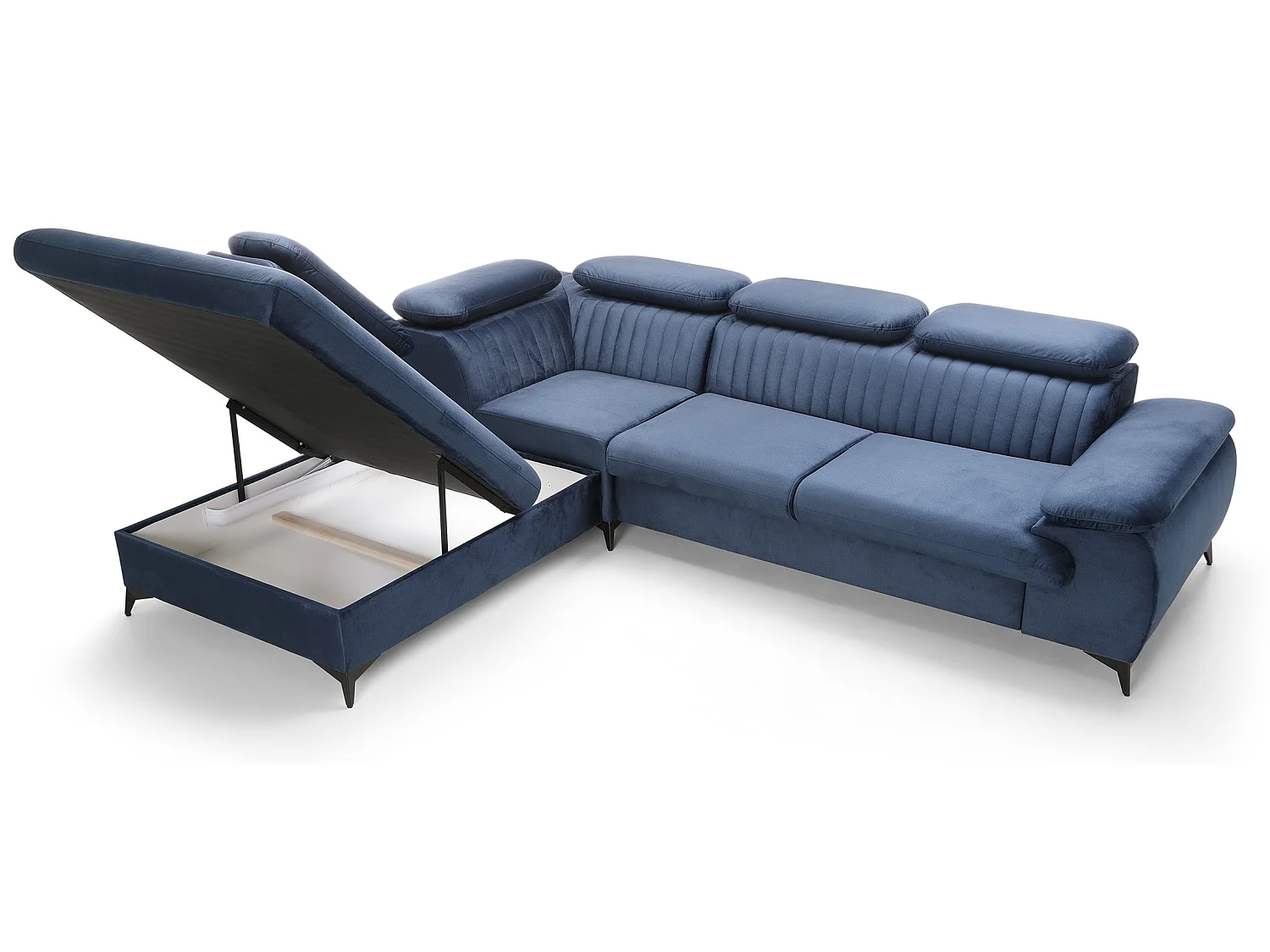 Canapé d'angle convertible Xanto L, 275x221 cm, têtières réglables, coffre de rangement, gauche, Bleu
