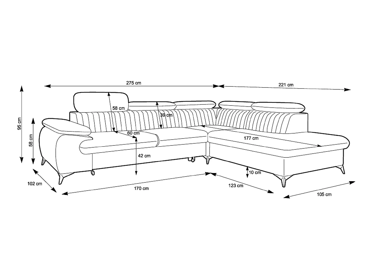 Canapé d'angle convertible Xanto L, 275x221 cm, têtières réglables, coffre de rangement, gauche, Bleu