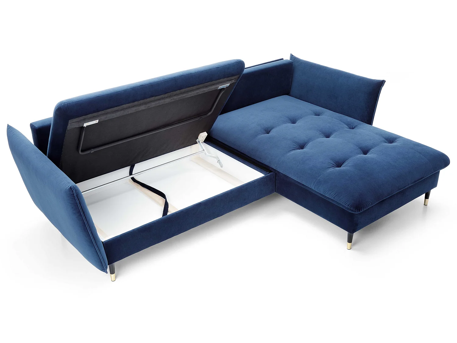 Canapé d’angle convertible 258x167 cm Sagir sur pieds hauts, angle à droite, coffre de rangement, Bleu