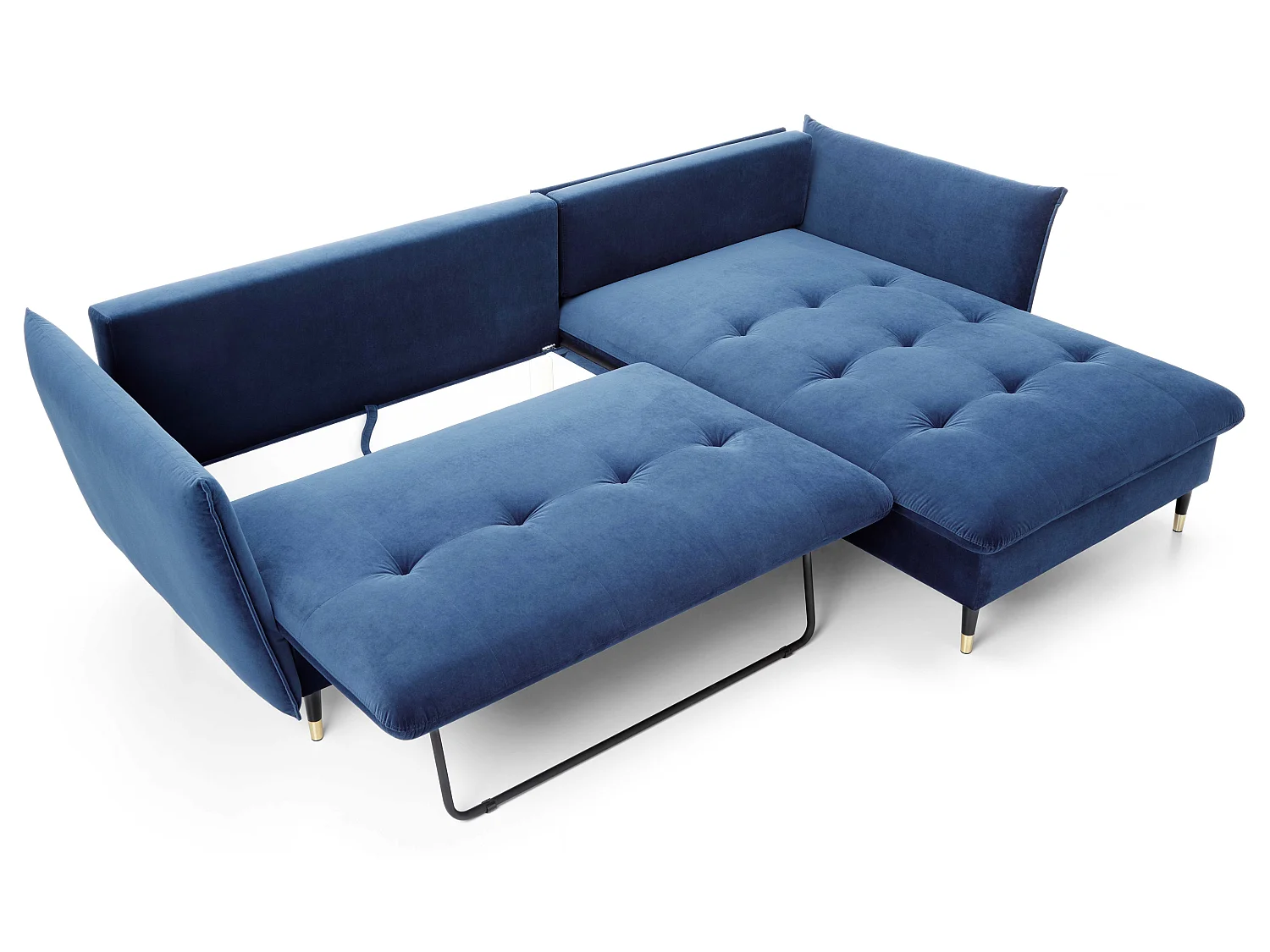 Canapé d’angle convertible 258x167 cm Sagir sur pieds hauts, angle à droite, coffre de rangement, Bleu