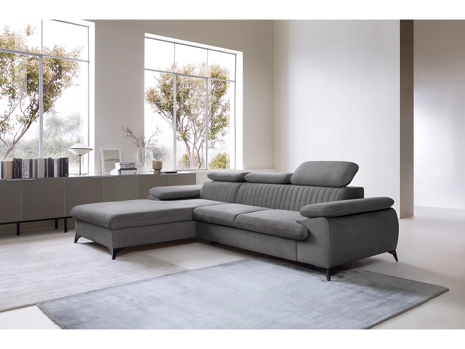 Canapé d'angle avec appuie-têtes réglables Xanto M, 280x193 cm, convertible, coffre de rangement, gauche, Gris foncé