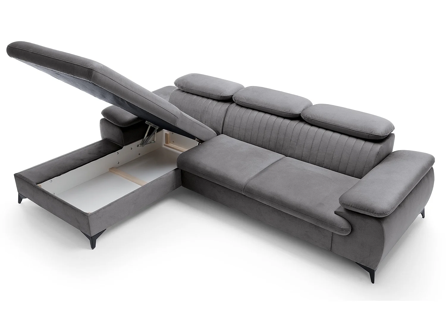 Canapé d'angle avec appuie-têtes réglables Xanto M, 280x193 cm, convertible, coffre de rangement, gauche, Gris foncé