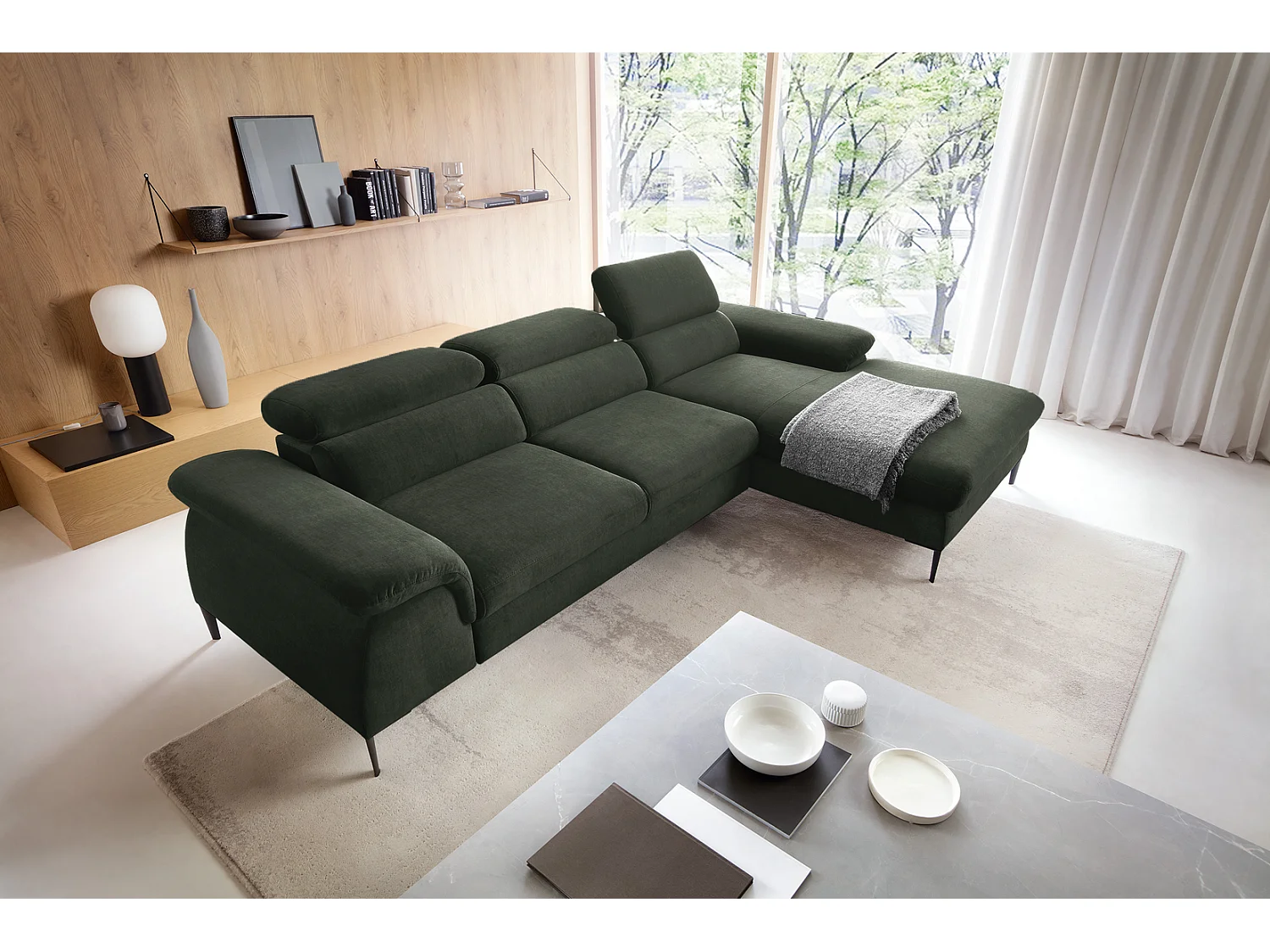 Canapé d'angle convertible 290 cm Amaro M, têtières réglables, coffre de rangement, droite, Vert