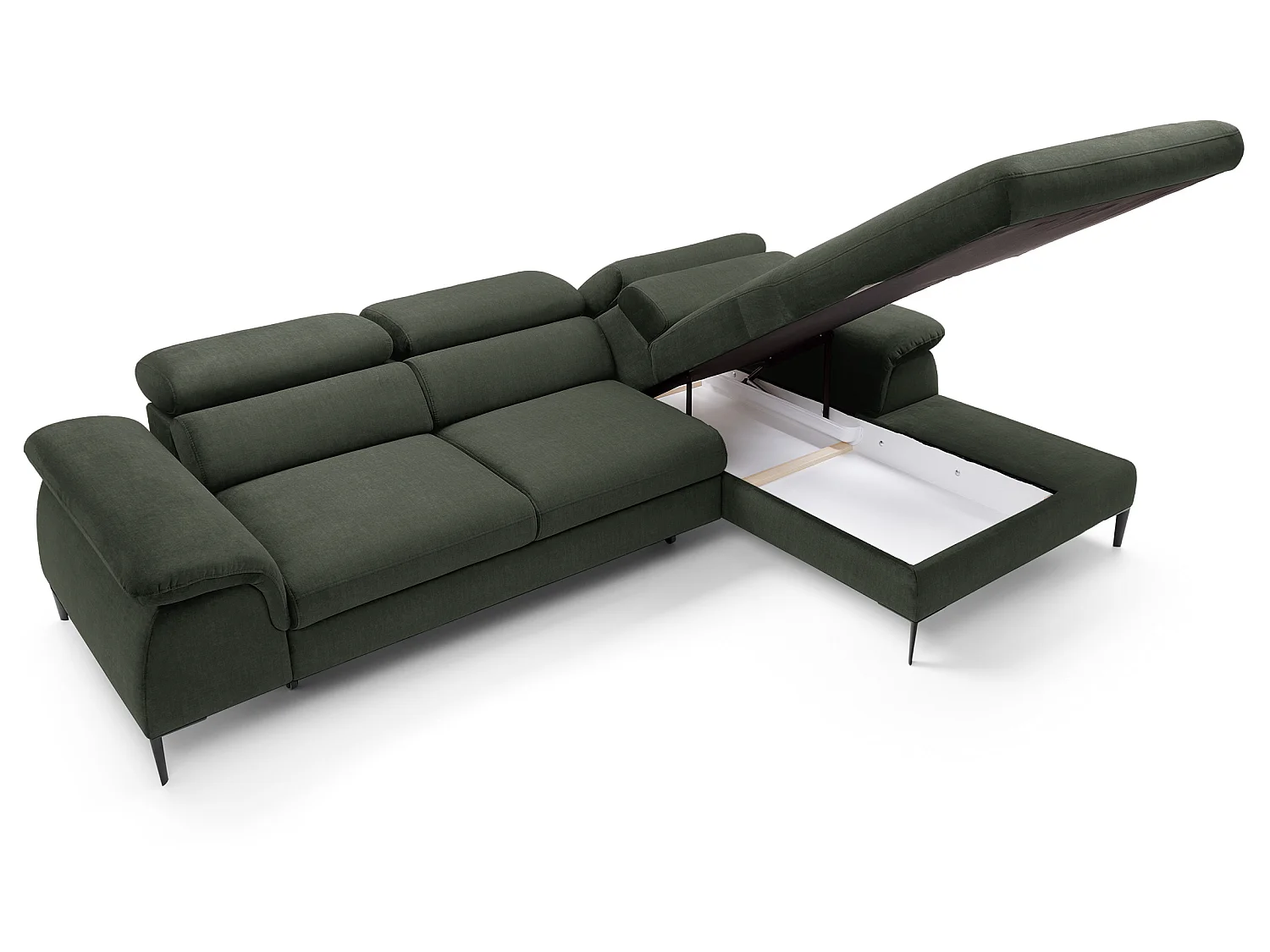 Canapé d'angle convertible 290 cm Amaro M, têtières réglables, coffre de rangement, droite, Vert