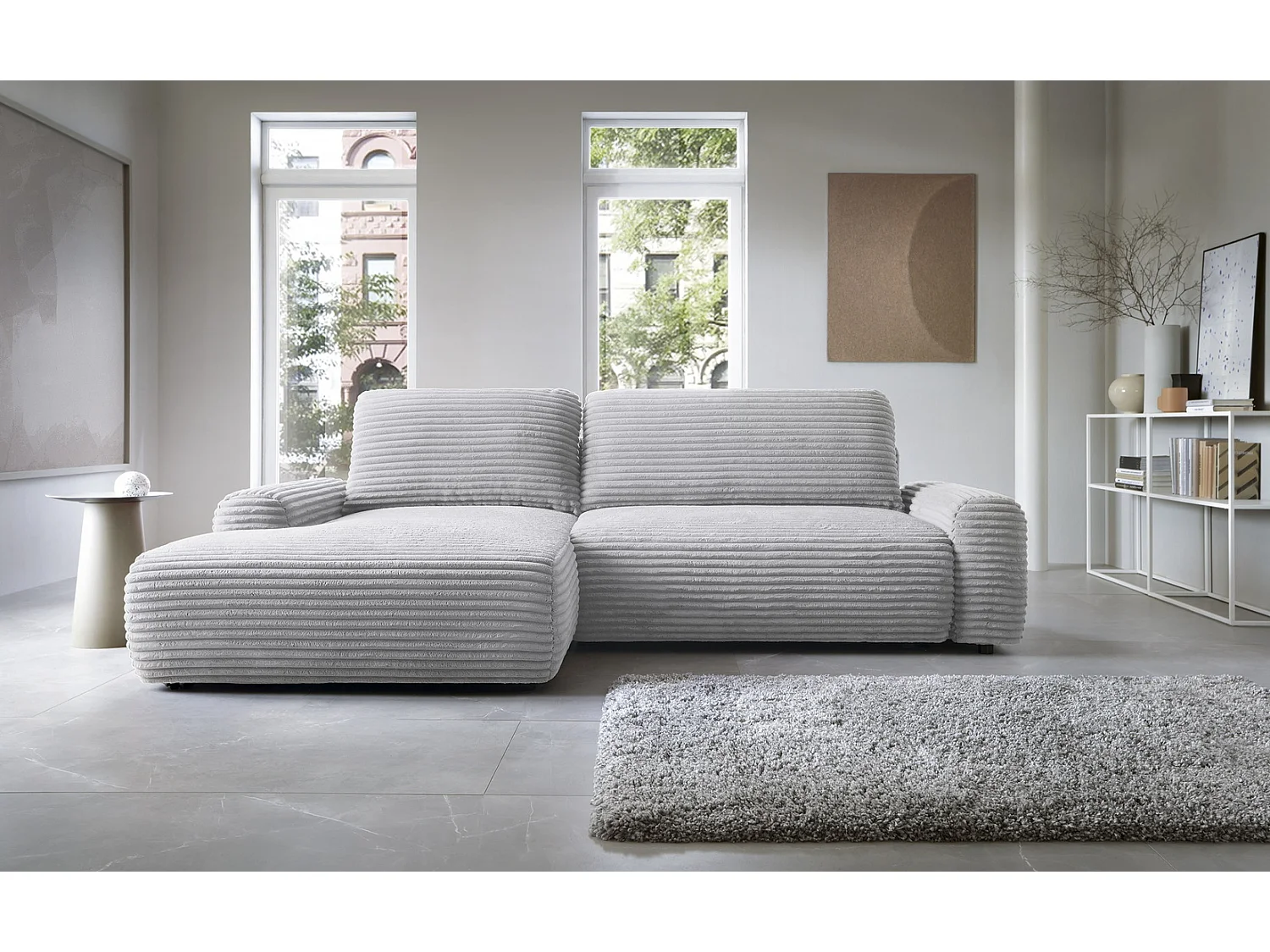 Canapé d'angle convertible 260 cm Cantara, tissu en velours côtelé, coffre de rangement, gauche, Gris