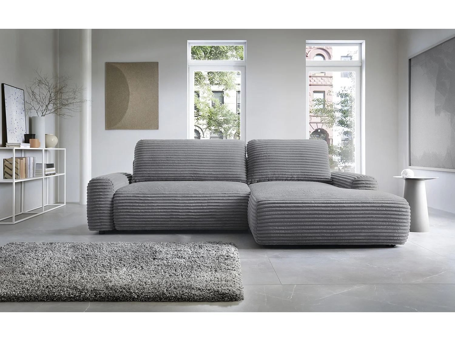 Canapé d'angle convertible 260 cm Cantara, tissu en velours côtelé, coffre de rangement, droite, Gris foncé