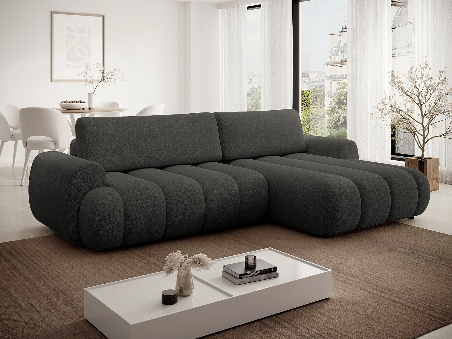 Canapé d'angle convertible 270 cm Puro, style moderne, coffre de rangement, 5 places, droite, Gris foncé