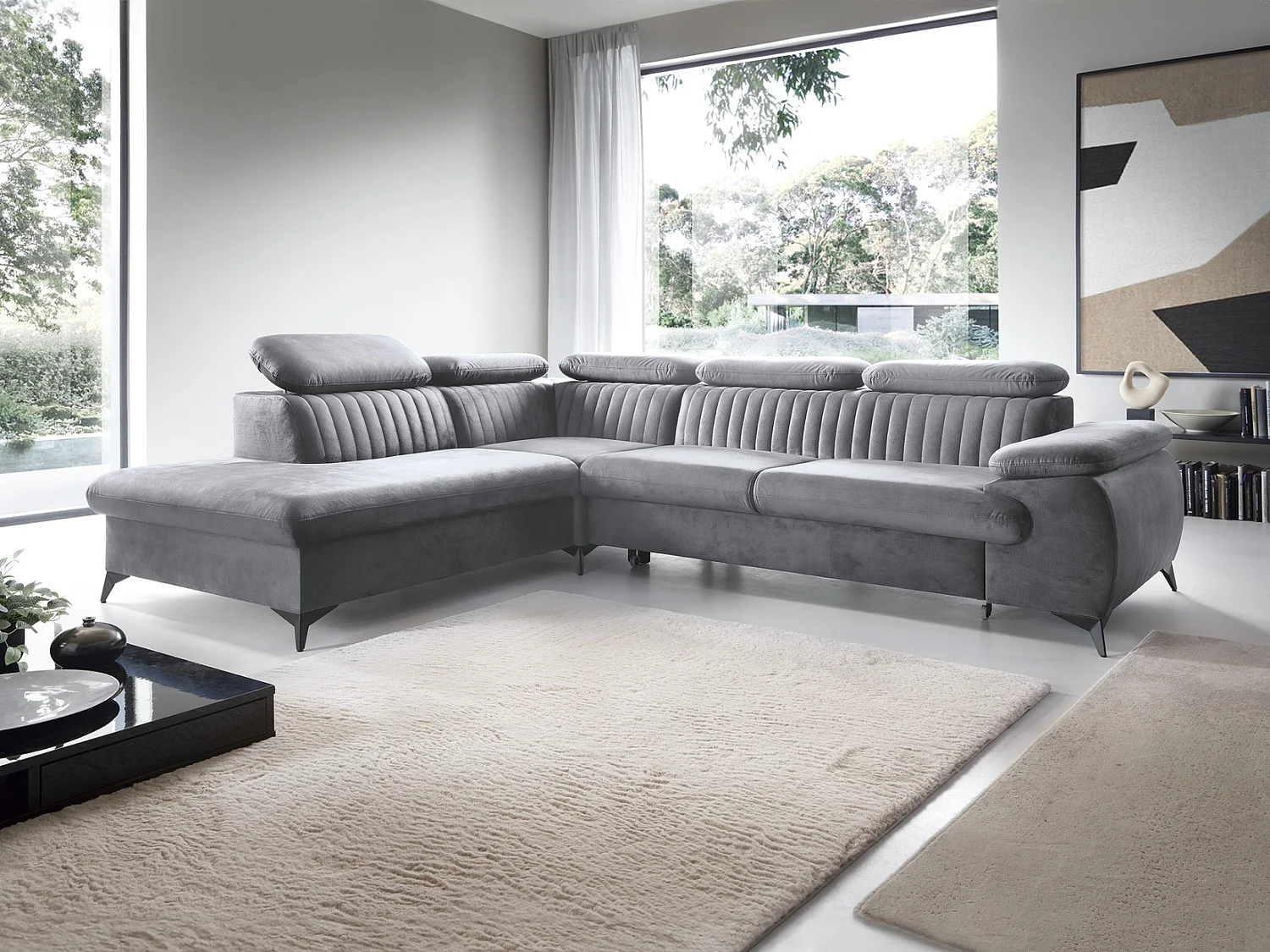 Canapé d'angle convertible Xanto L, 275x221 cm, têtières réglables, coffre de rangement, gauche, Gris