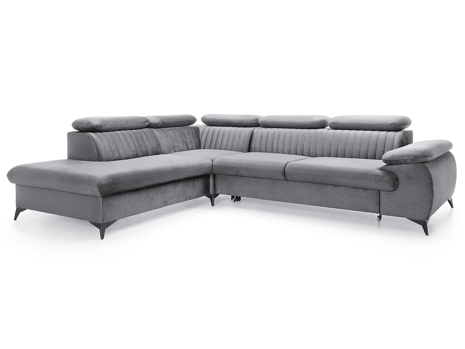 Canapé d'angle convertible Xanto L, 275x221 cm, têtières réglables, coffre de rangement, gauche, Gris