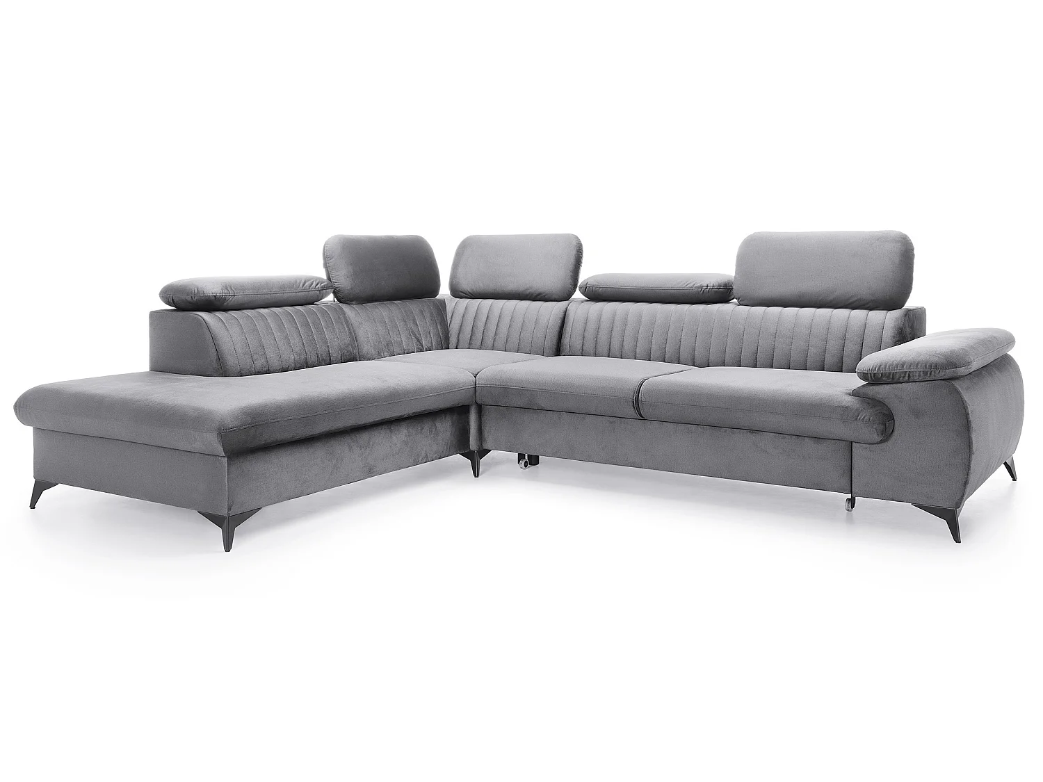 Canapé d'angle convertible Xanto L, 275x221 cm, têtières réglables, coffre de rangement, gauche, Gris
