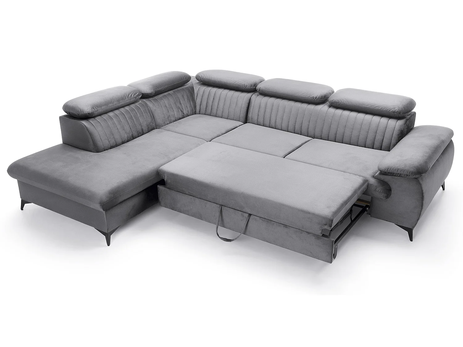 Canapé d'angle convertible Xanto L, 275x221 cm, têtières réglables, coffre de rangement, gauche, Gris