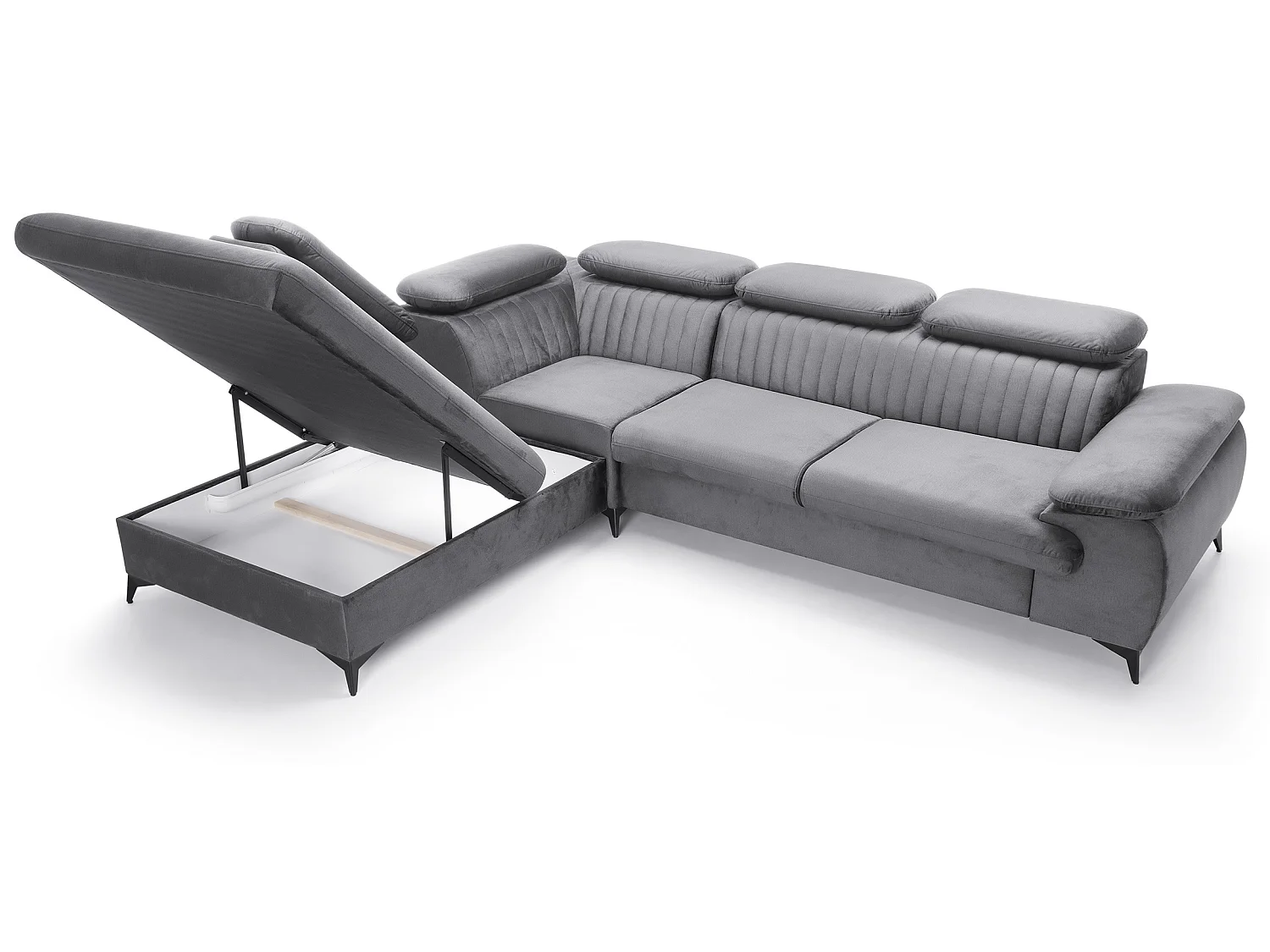 Canapé d'angle convertible Xanto L, 275x221 cm, têtières réglables, coffre de rangement, gauche, Gris