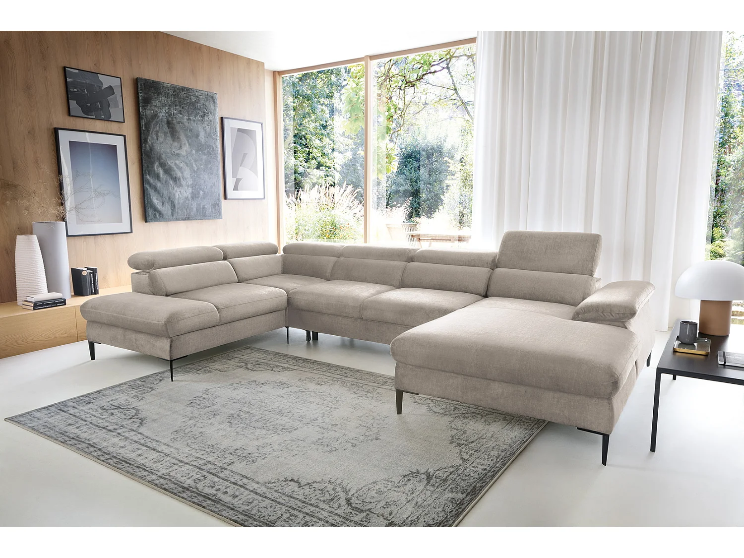 Canapé d'angle en U convertible 350 cm Amaro, tissu velours, têtières réglables - coffre, droite, Beige