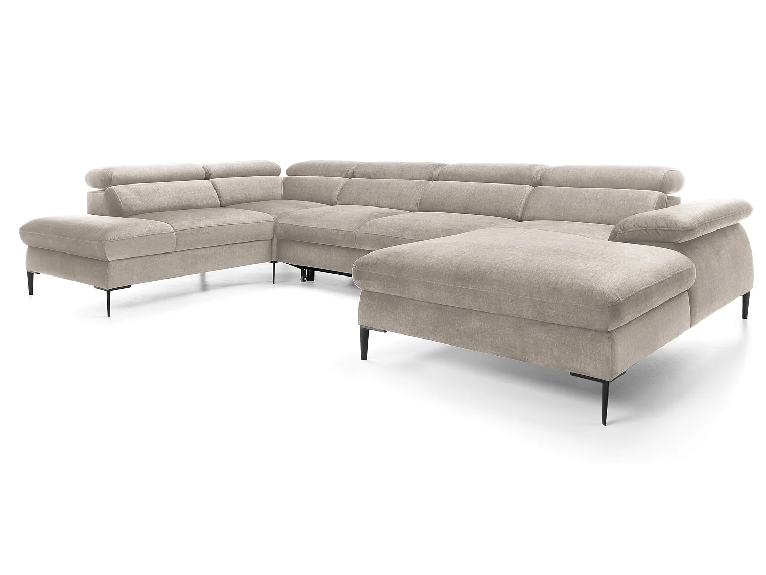 Canapé d'angle en U convertible 350 cm Amaro, tissu velours, têtières réglables - coffre, droite, Beige