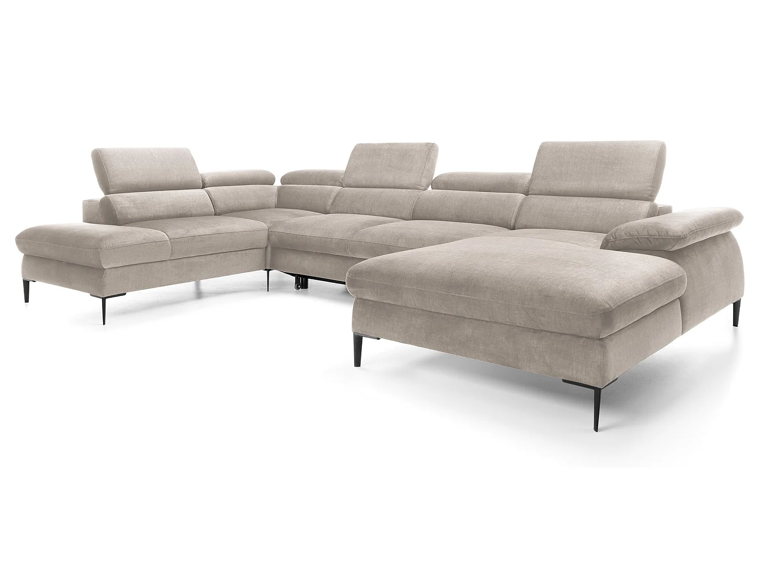 Canapé d'angle en U convertible 350 cm Amaro, tissu velours, têtières réglables - coffre, droite, Beige