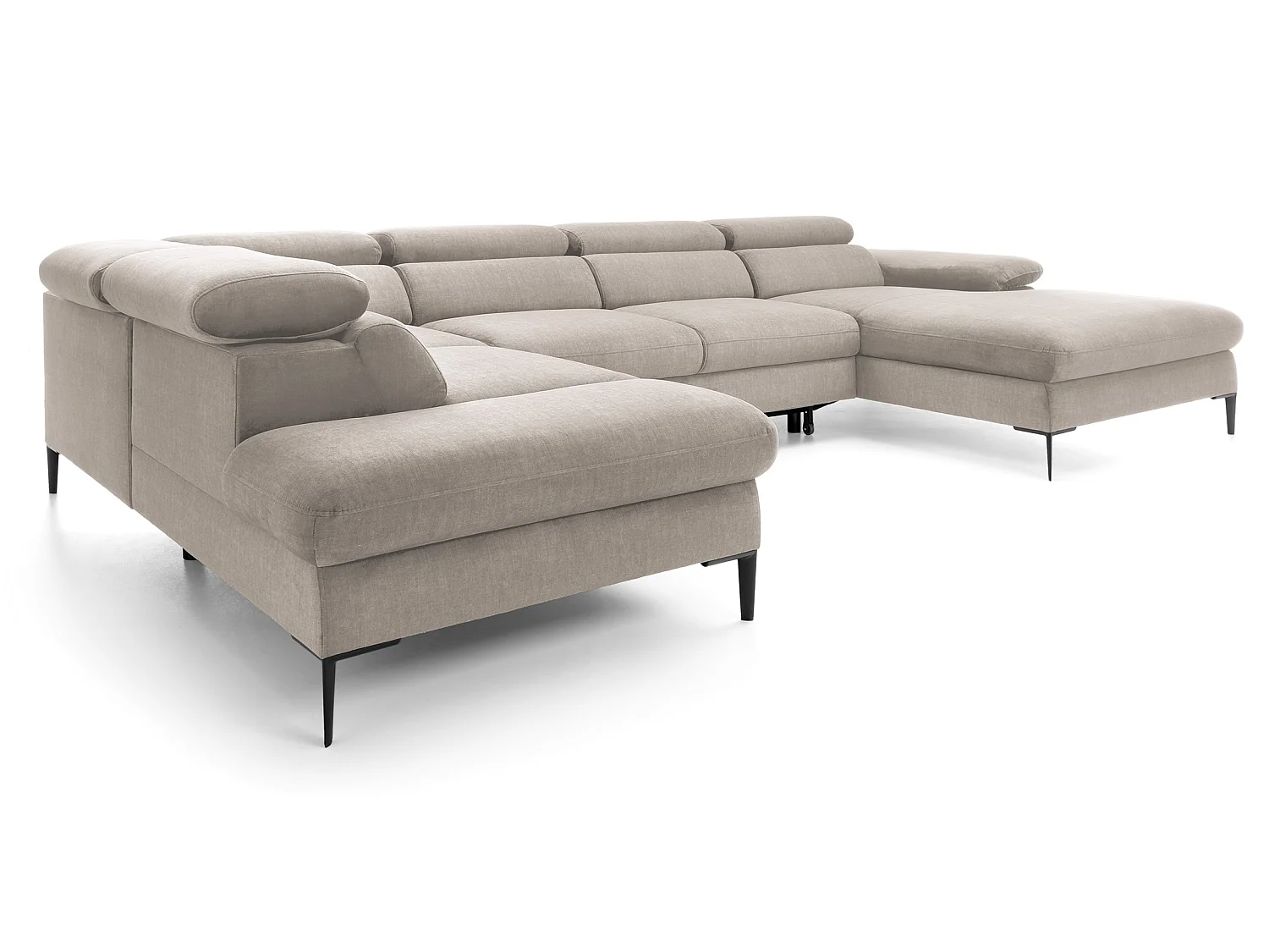 Canapé d'angle en U convertible 350 cm Amaro, tissu velours, têtières réglables - coffre, droite, Beige