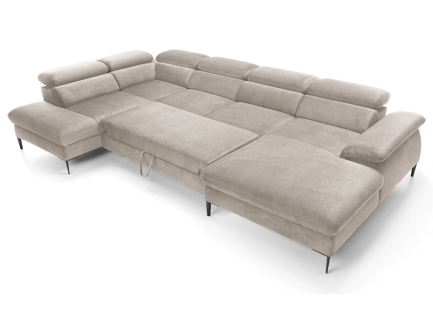 Canapé d'angle en U convertible 350 cm Amaro, tissu velours, têtières réglables - coffre, droite, Beige