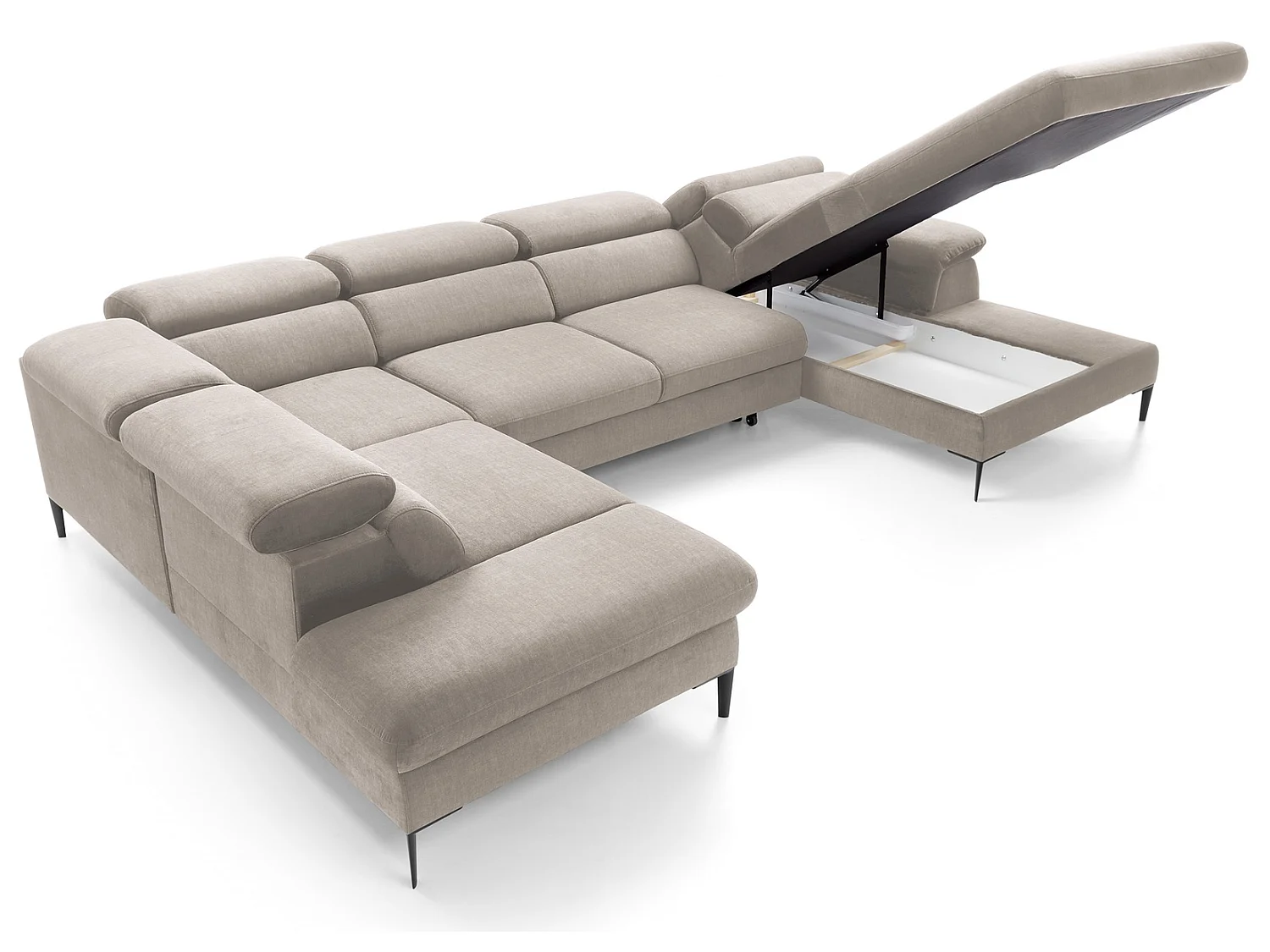 Canapé d'angle en U convertible 350 cm Amaro, tissu velours, têtières réglables - coffre, droite, Beige