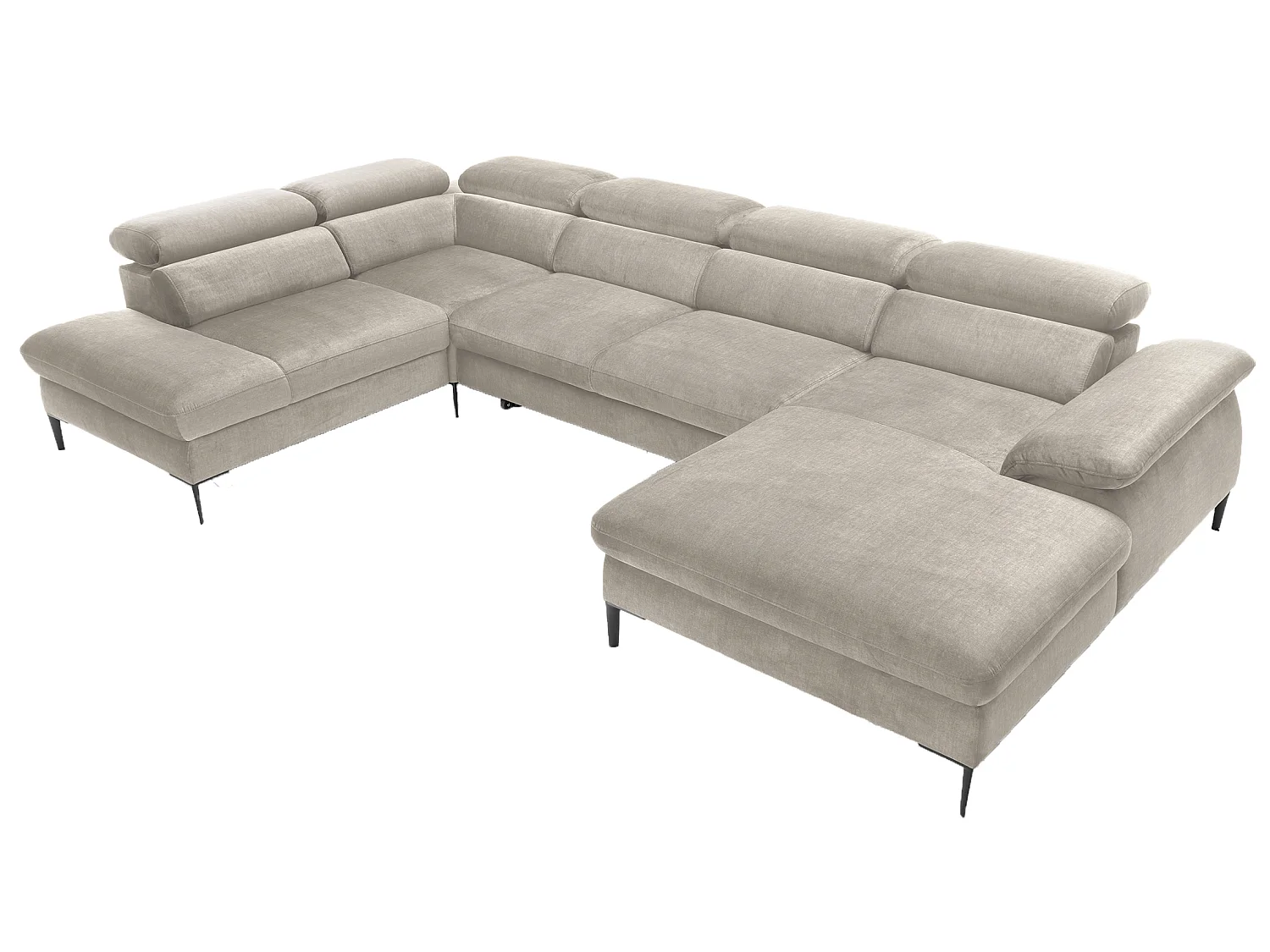 Canapé d'angle en U convertible 350 cm Amaro, tissu velours, têtières réglables - coffre, droite, Beige