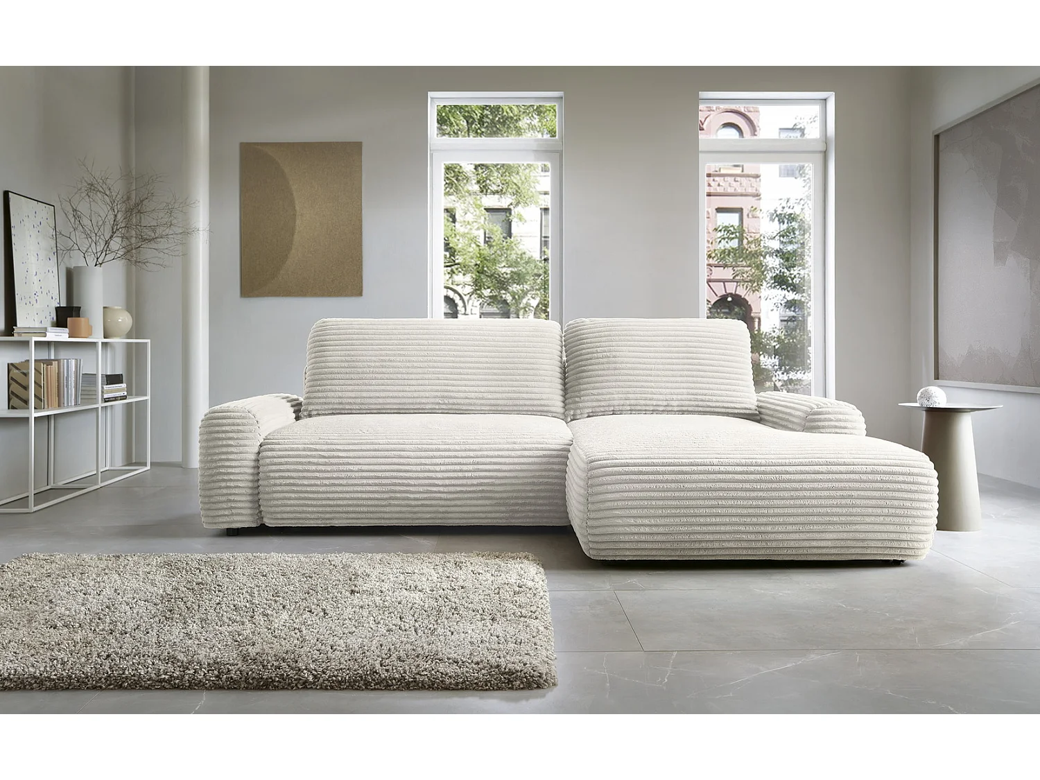 Canapé d'angle convertible 260 cm Cantara, tissu en velours côtelé, coffre de rangement, droite, Crème
