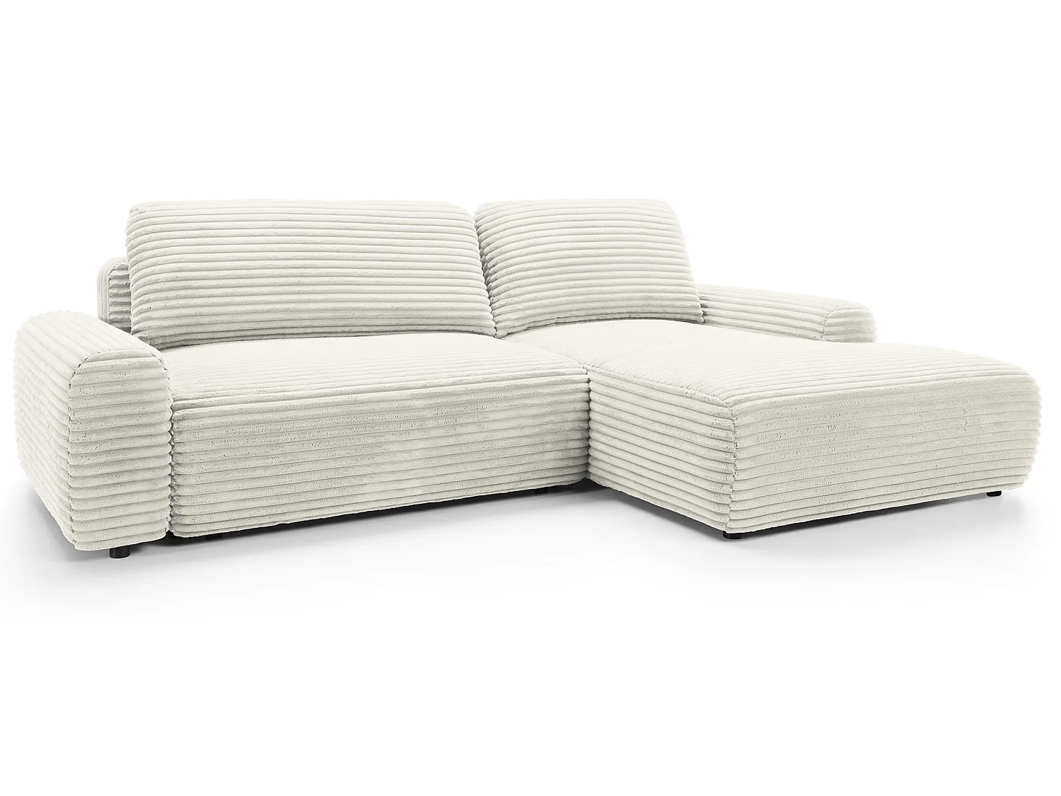 Canapé d'angle convertible 260 cm Cantara, tissu en velours côtelé, coffre de rangement, droite, Crème