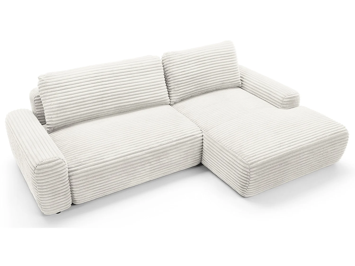 Canapé d'angle convertible 260 cm Cantara, tissu en velours côtelé, coffre de rangement, droite, Crème