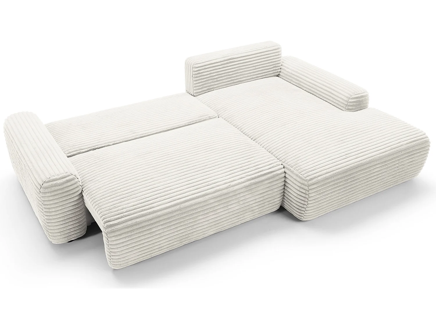 Canapé d'angle convertible 260 cm Cantara, tissu en velours côtelé, coffre de rangement, droite, Crème