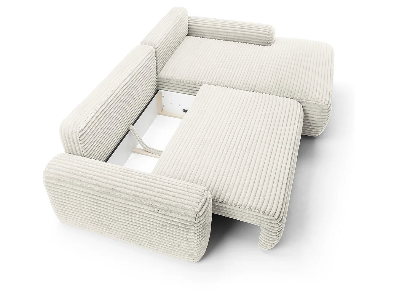 Canapé d'angle convertible 260 cm Cantara, tissu en velours côtelé, coffre de rangement, droite, Crème