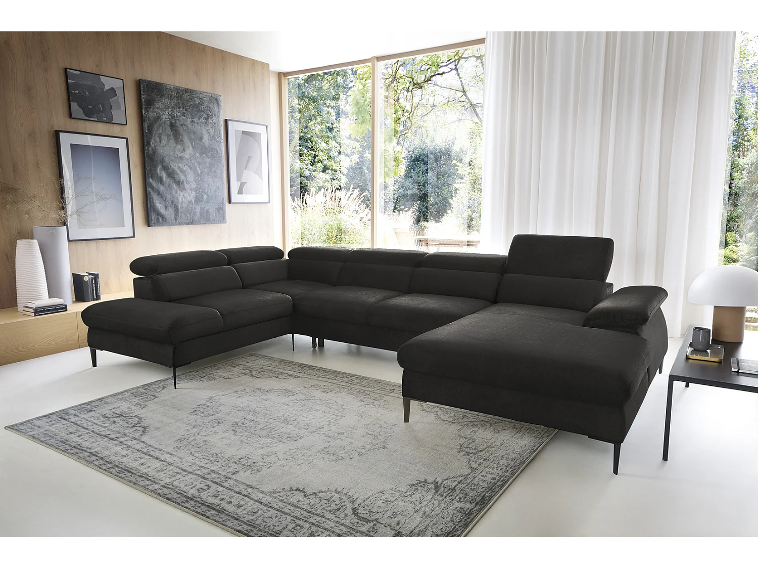 Canapé d'angle en U convertible 350 cm Amaro, tissu velours, têtières réglables - coffre, droite, Noir