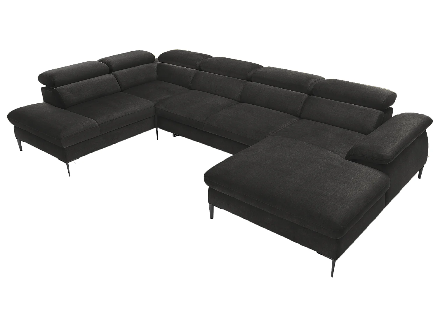 Canapé d'angle en U convertible 350 cm Amaro, tissu velours, têtières réglables - coffre, droite, Noir