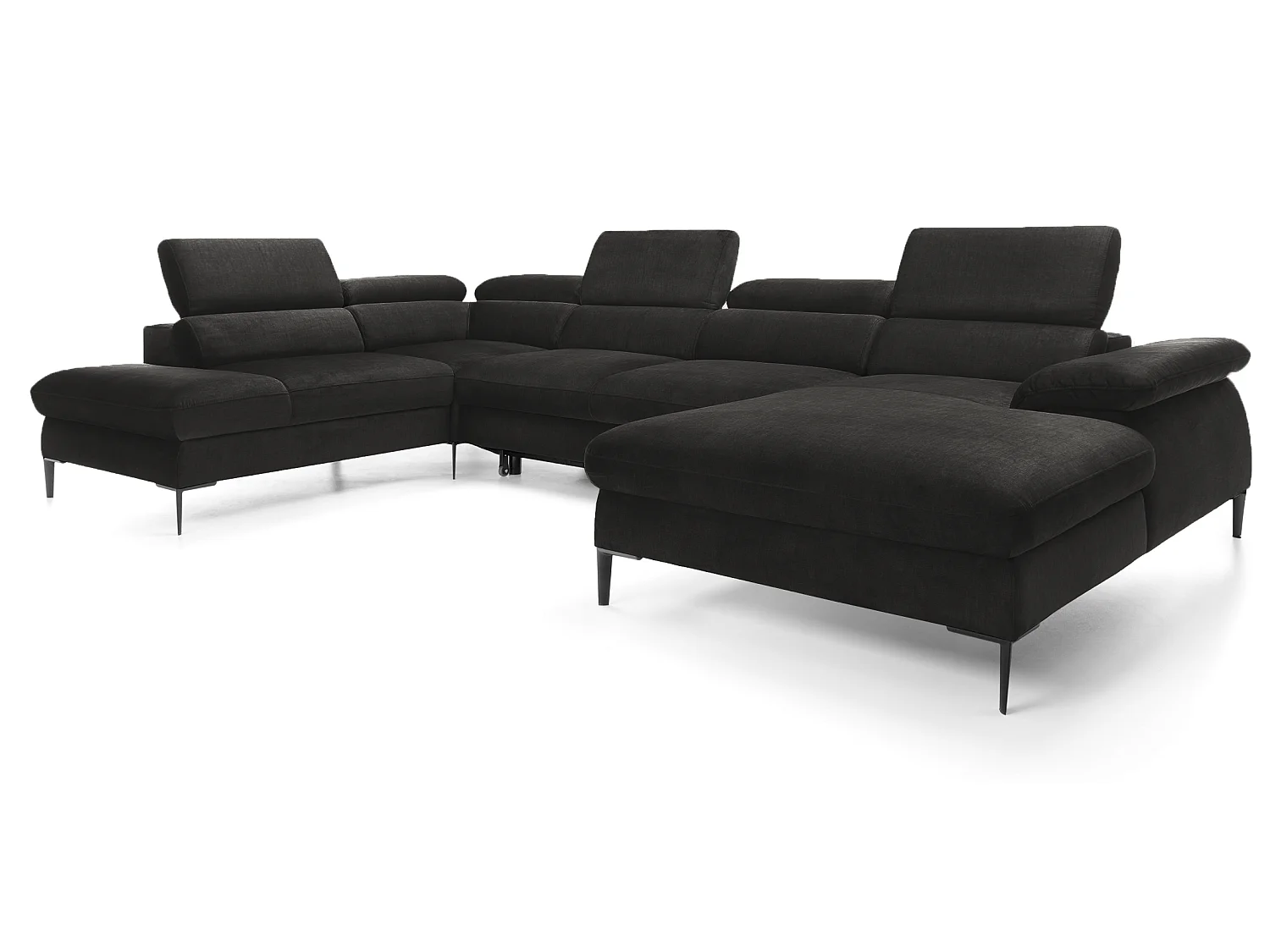 Canapé d'angle en U convertible 350 cm Amaro, tissu velours, têtières réglables - coffre, droite, Noir