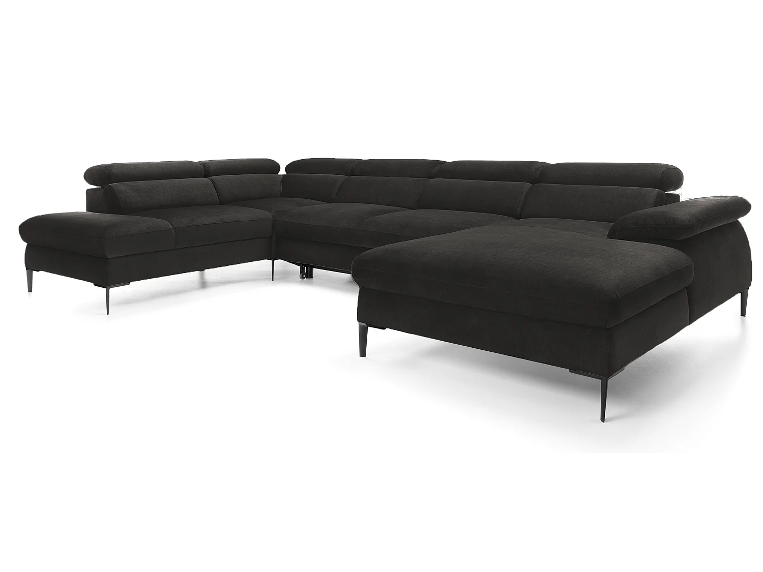 Canapé d'angle en U convertible 350 cm Amaro, tissu velours, têtières réglables - coffre, droite, Noir