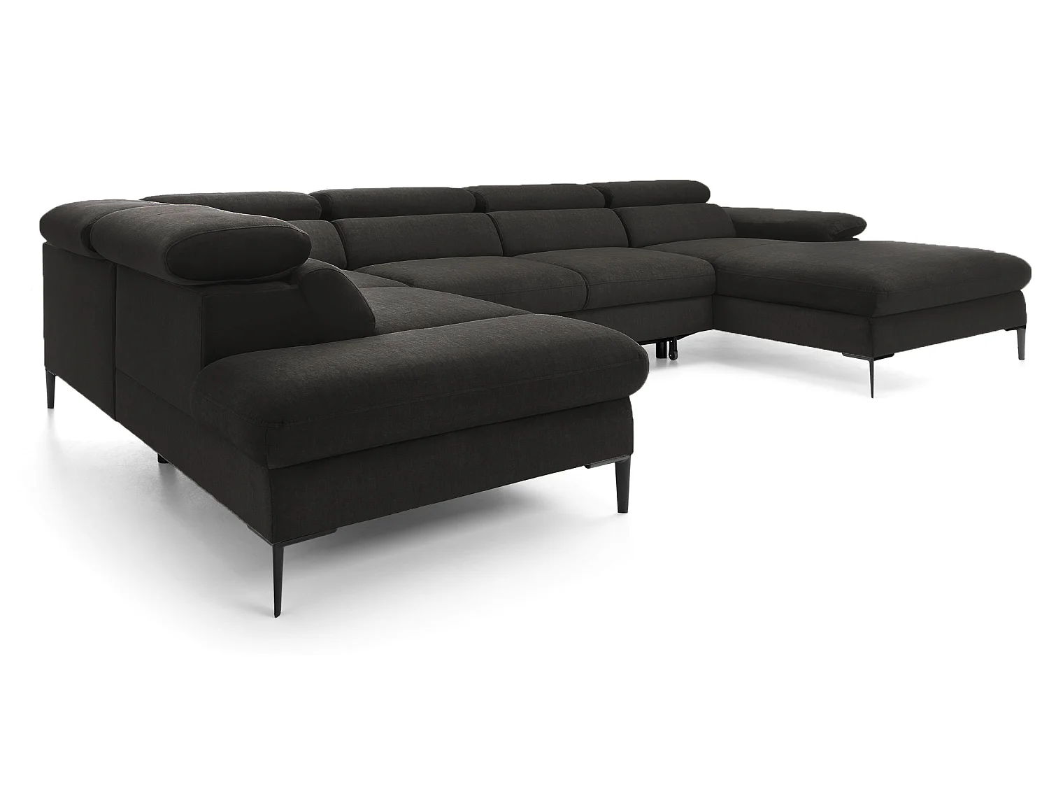 Canapé d'angle en U convertible 350 cm Amaro, tissu velours, têtières réglables - coffre, droite, Noir