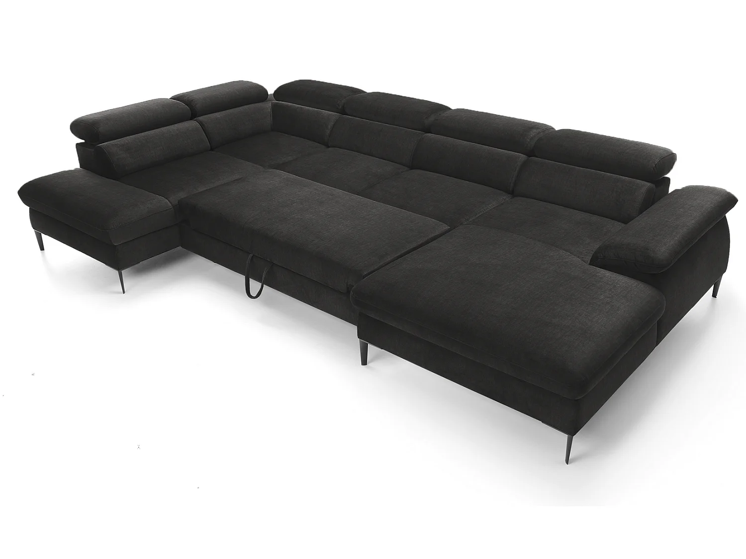 Canapé d'angle en U convertible 350 cm Amaro, tissu velours, têtières réglables - coffre, droite, Noir