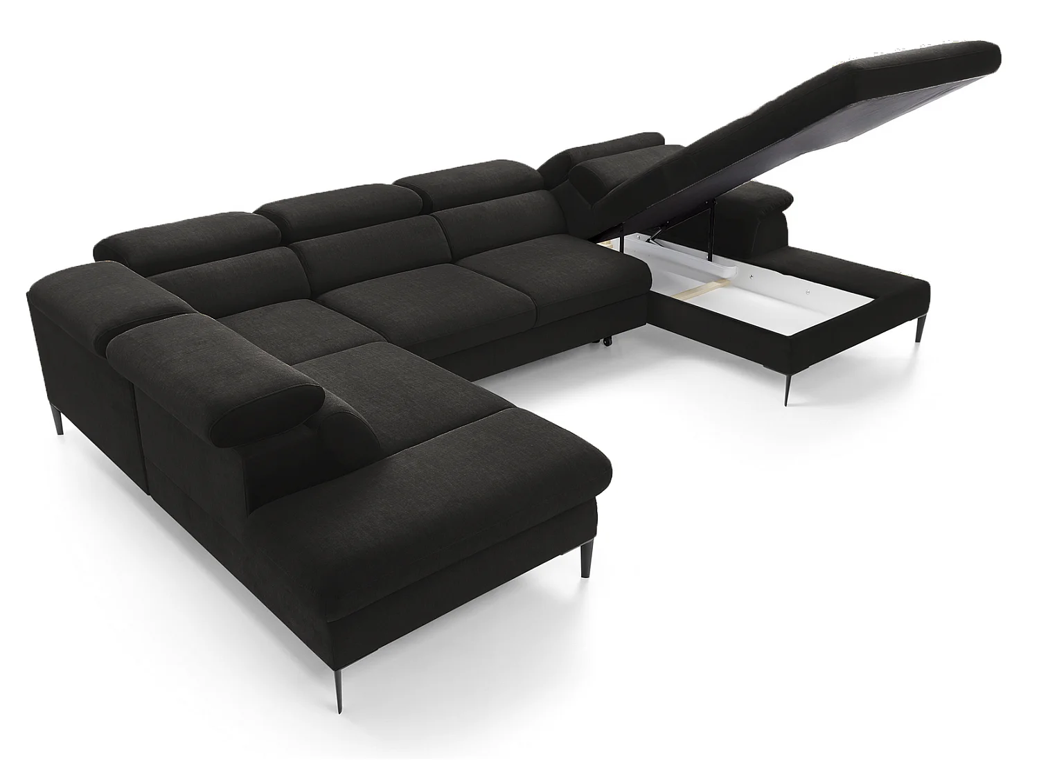 Canapé d'angle en U convertible 350 cm Amaro, tissu velours, têtières réglables - coffre, droite, Noir