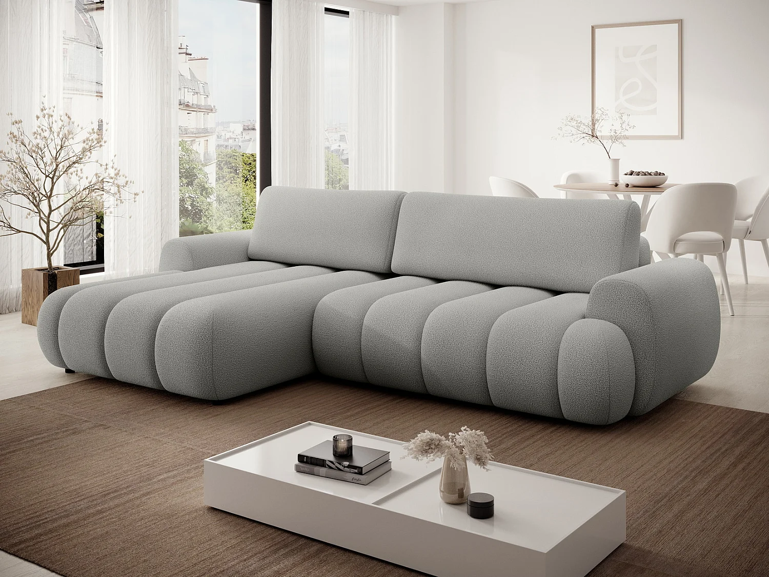 Canapé d'angle convertible 270 cm Puro, style moderne, coffre de rangement, 5 places, gauche, Gris clair