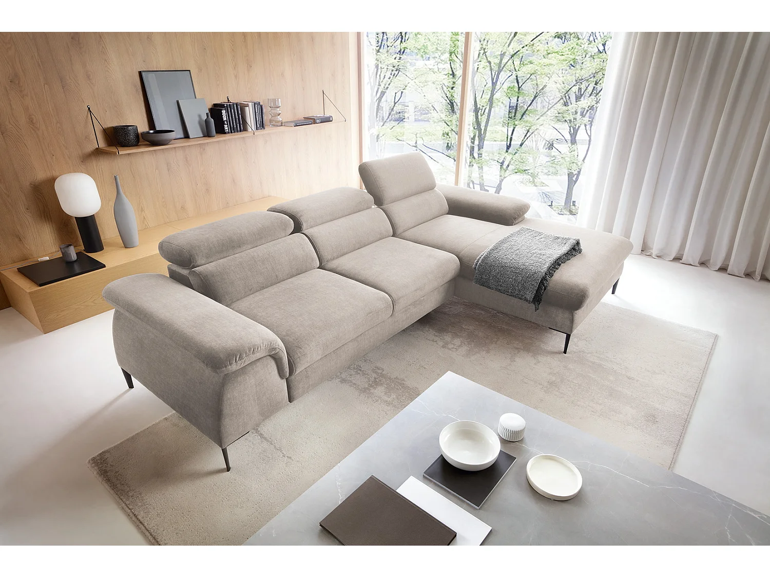 Canapé d'angle convertible 290 cm Amaro M, têtières réglables, coffre de rangement, droite, Beige