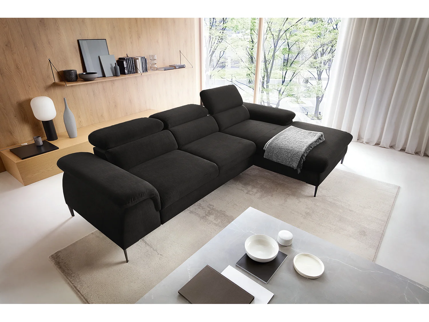 Canapé d'angle convertible 290 cm Amaro M, têtières réglables, coffre de rangement, droite, Noir