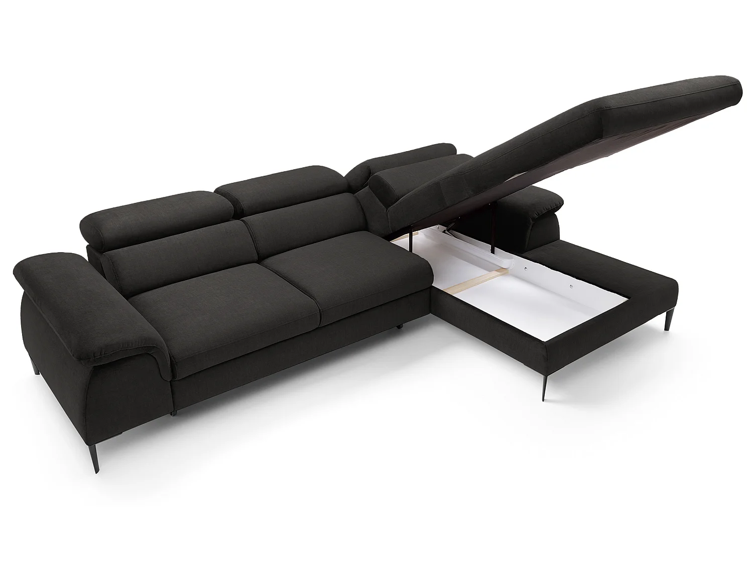 Canapé d'angle convertible 290 cm Amaro M, têtières réglables, coffre de rangement, droite, Noir