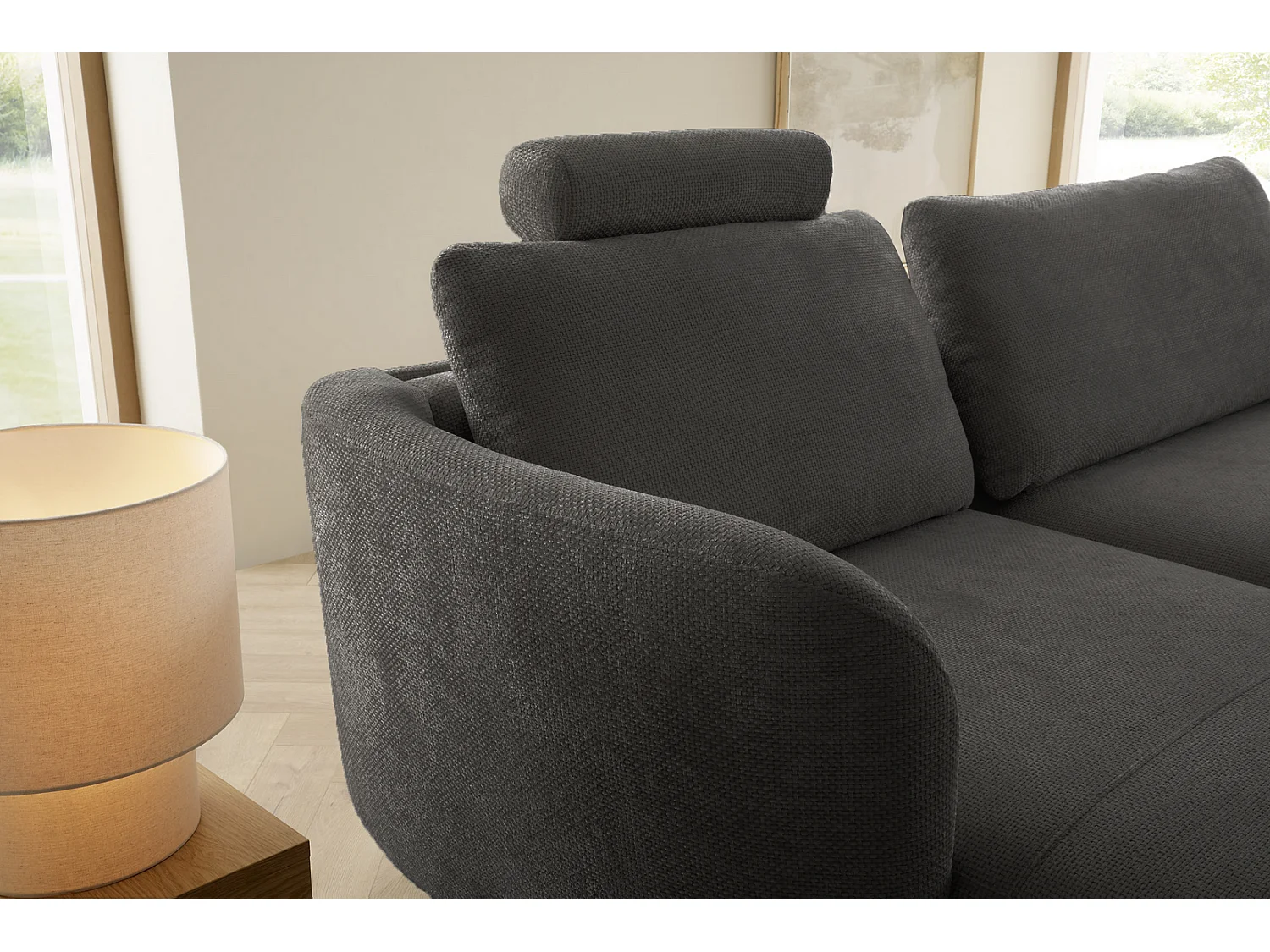 Canapé d'angle convertible 260 cm Kendra sur pieds de 15 cm, coffre de rangement, poufs boules, gauche, Gris foncé
