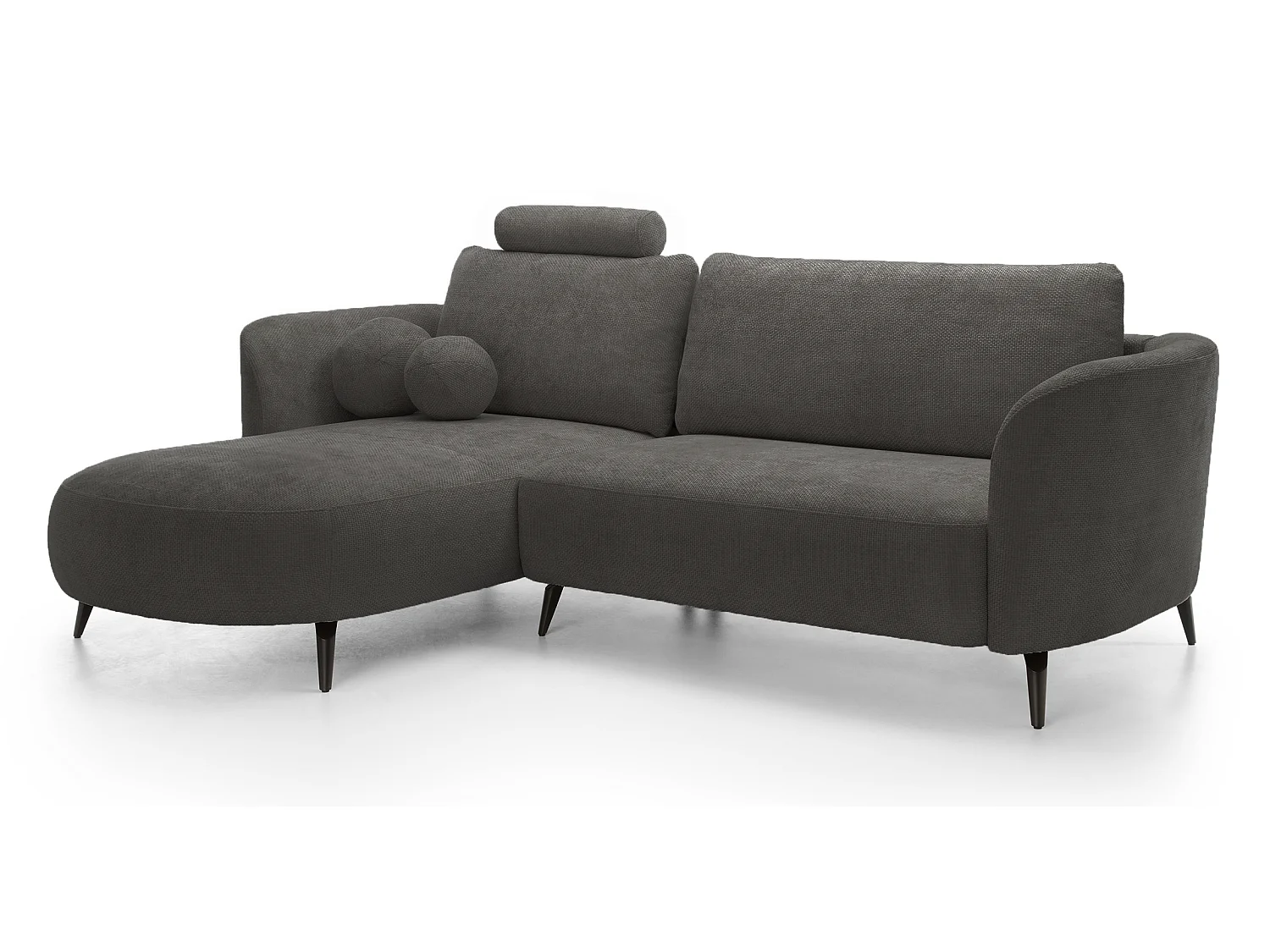 Canapé d'angle convertible 260 cm Kendra sur pieds de 15 cm, coffre de rangement, poufs boules, gauche, Gris foncé