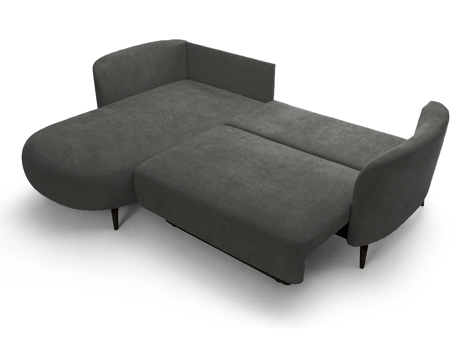 Canapé d'angle convertible 260 cm Kendra sur pieds de 15 cm, coffre de rangement, poufs boules, gauche, Gris foncé