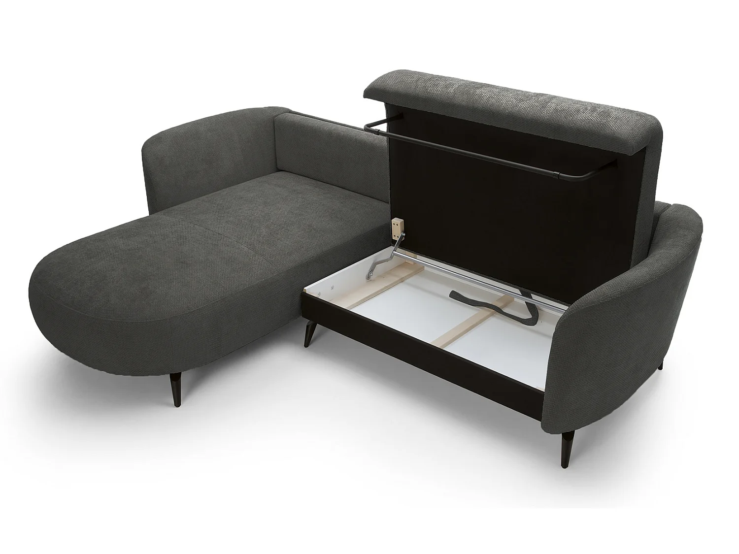 Canapé d'angle convertible 260 cm Kendra sur pieds de 15 cm, coffre de rangement, poufs boules, gauche, Gris foncé