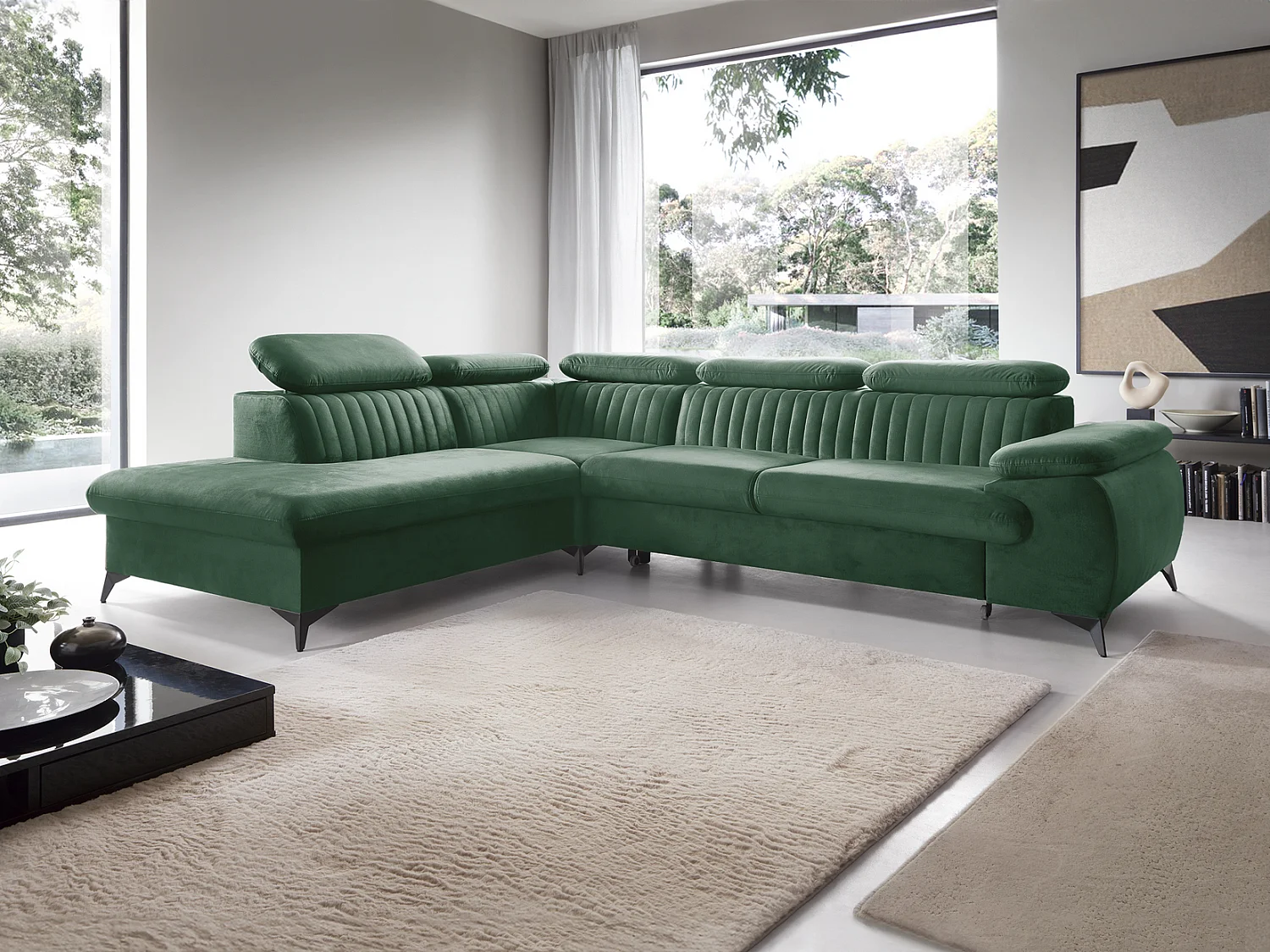 Canapé d'angle convertible Xanto L, 275x221 cm, têtières réglables, coffre de rangement, gauche, Vert
