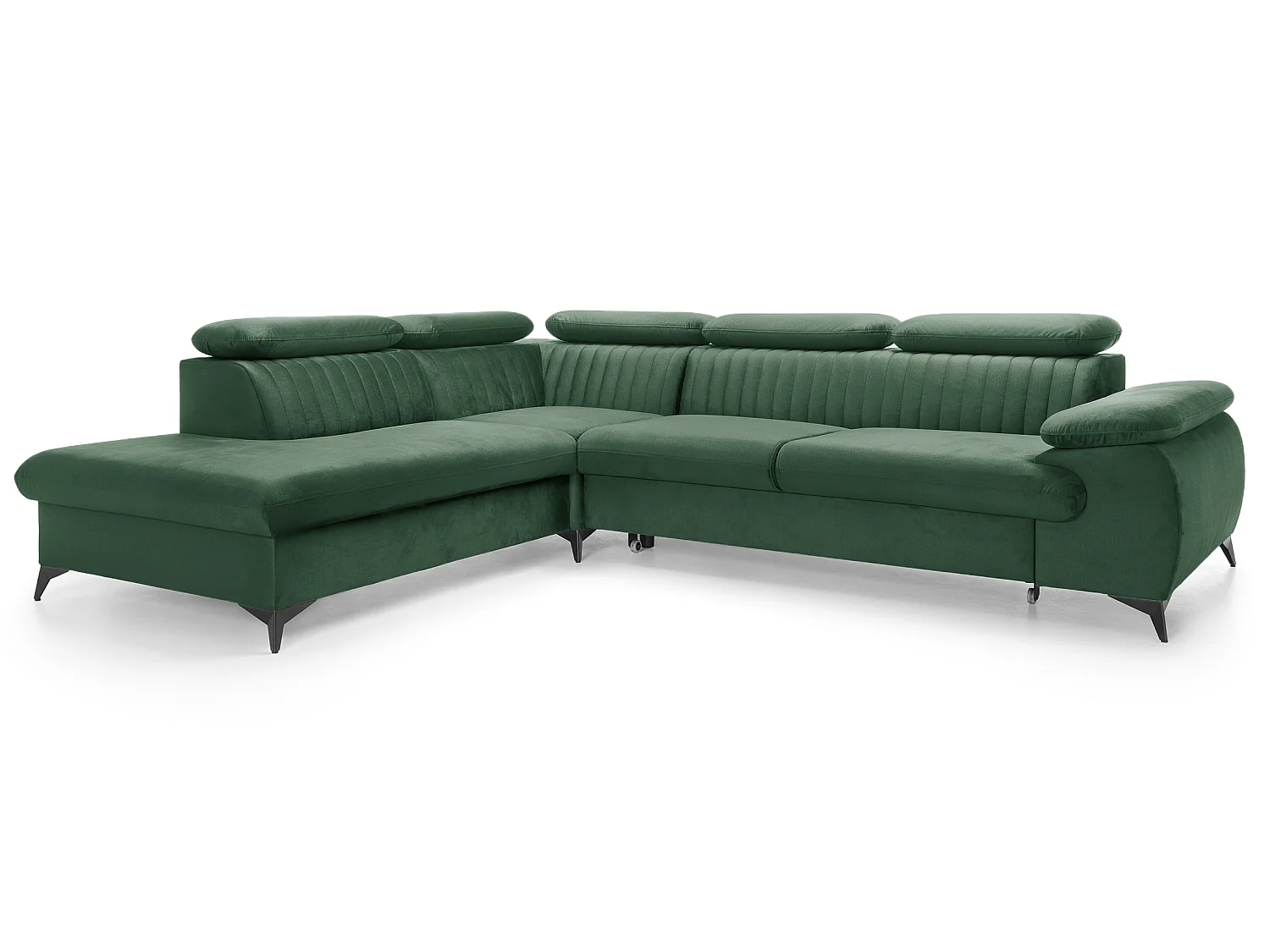 Canapé d'angle convertible Xanto L, 275x221 cm, têtières réglables, coffre de rangement, gauche, Vert