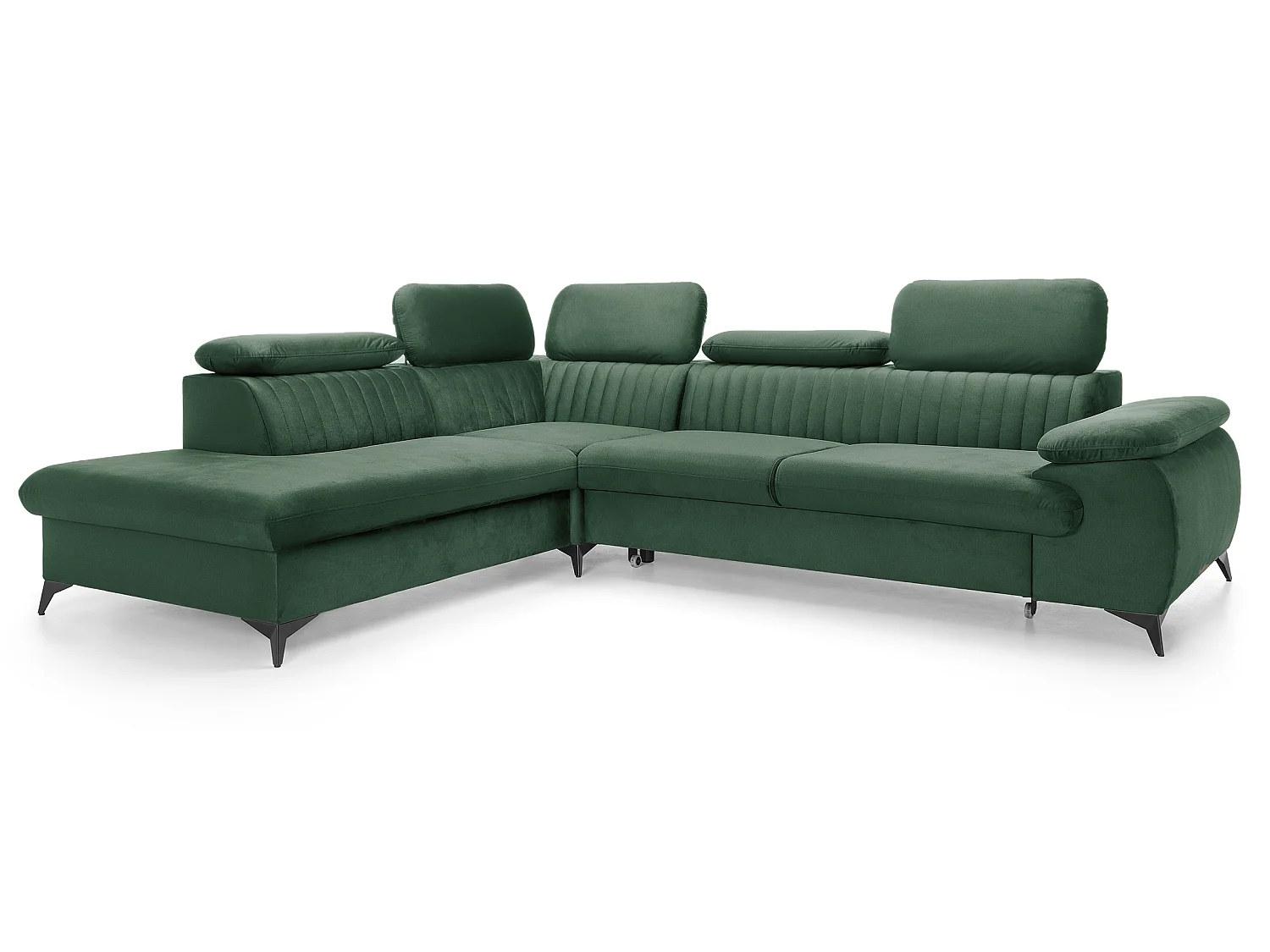Canapé d'angle convertible Xanto L, 275x221 cm, têtières réglables, coffre de rangement, gauche, Vert