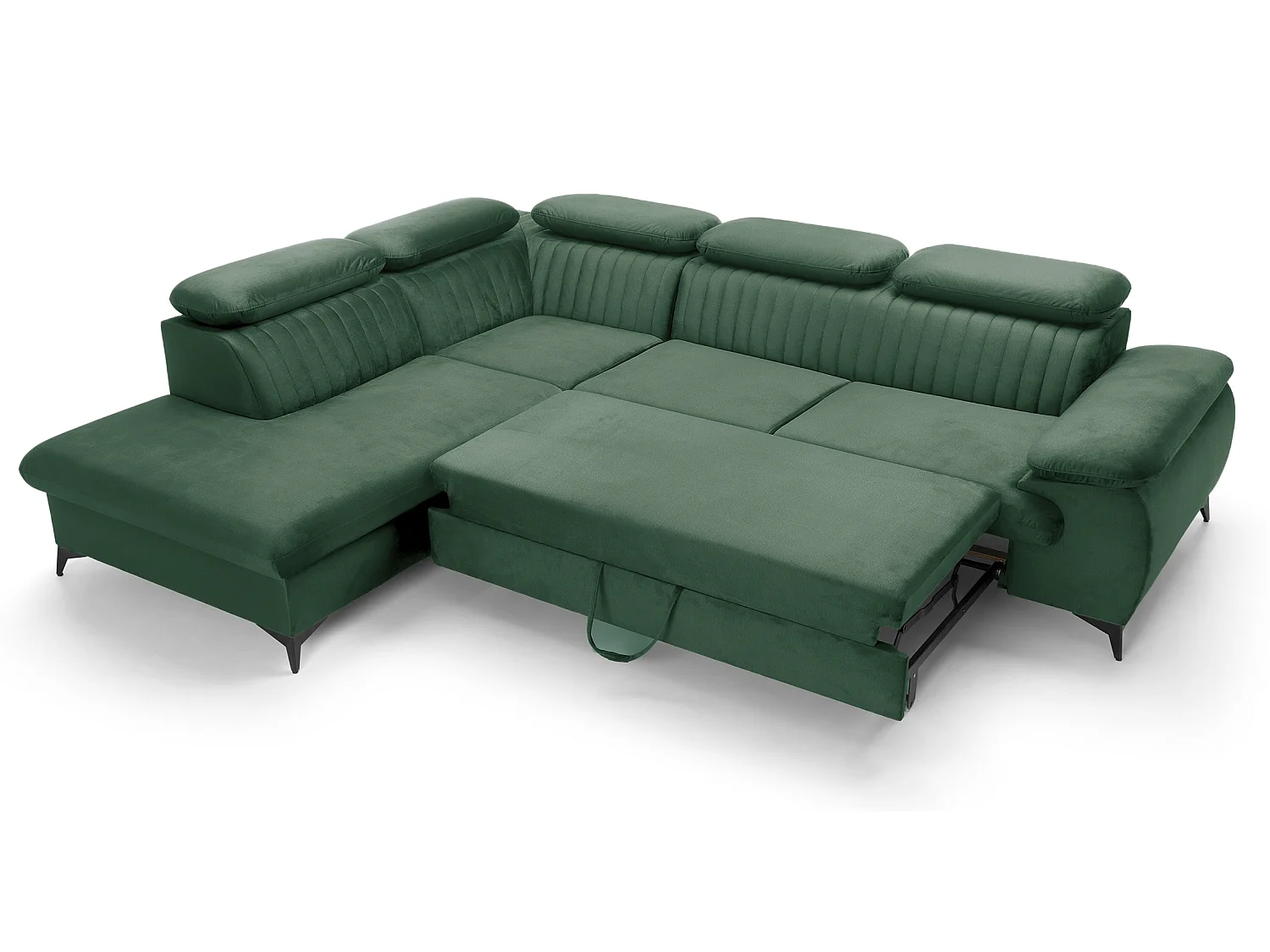 Canapé d'angle convertible Xanto L, 275x221 cm, têtières réglables, coffre de rangement, gauche, Vert
