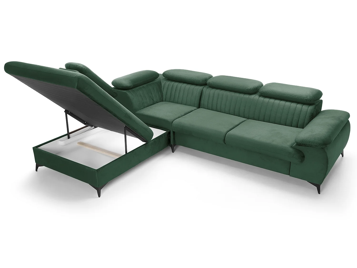Canapé d'angle convertible Xanto L, 275x221 cm, têtières réglables, coffre de rangement, gauche, Vert