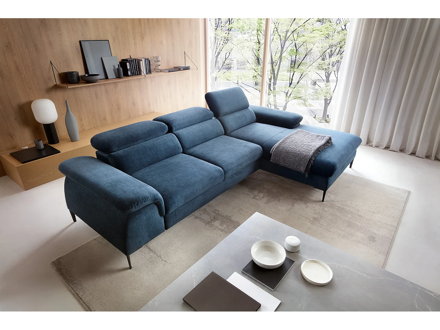 Canapé d'angle convertible 290 cm Amaro M, têtières réglables, coffre de rangement, droite, Bleu
