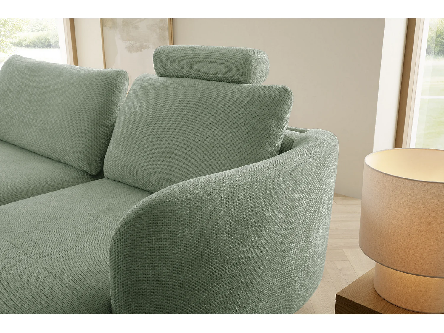 Canapé d'angle convertible 260 cm Kendra sur pieds de 15 cm, coffre de rangement, poufs boules, droite, Vert